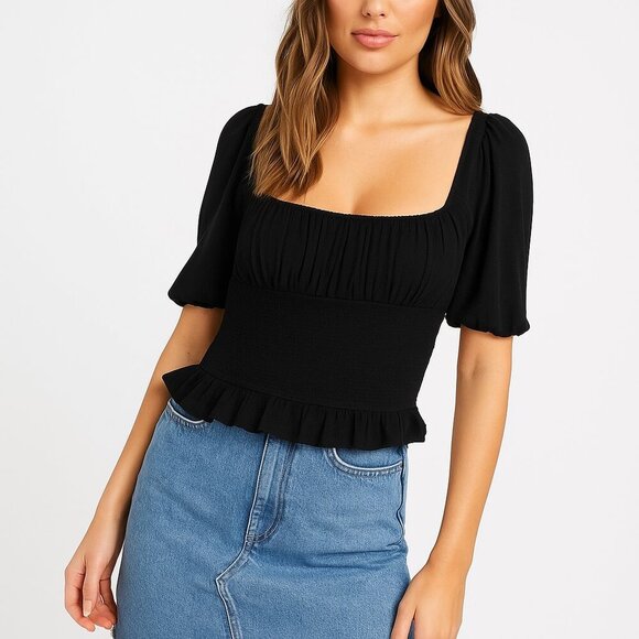 Kookai Simone shirred Crop Top Square Neck Black - Picture 1 of 9